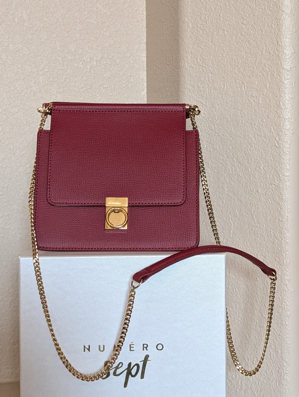 POLENE PARIS Numero Sept Mini Red Textured Leather Crossbody Bag Like New